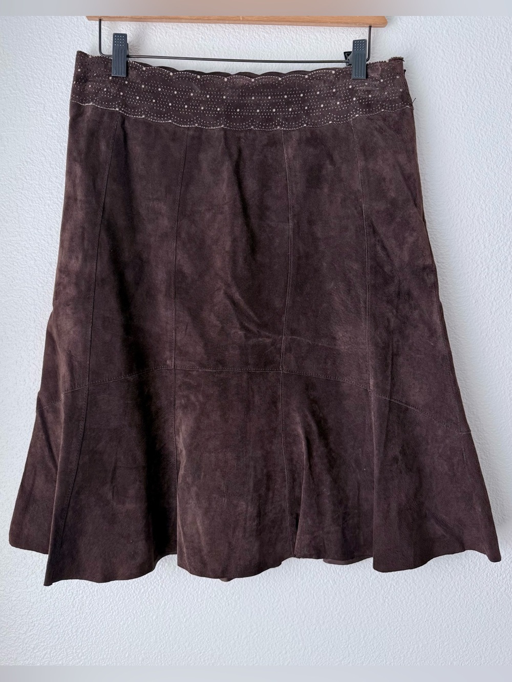 CAbi Chocolate Brown Suede Leather MidiSkirt Scalloped Laser Cut Size 6